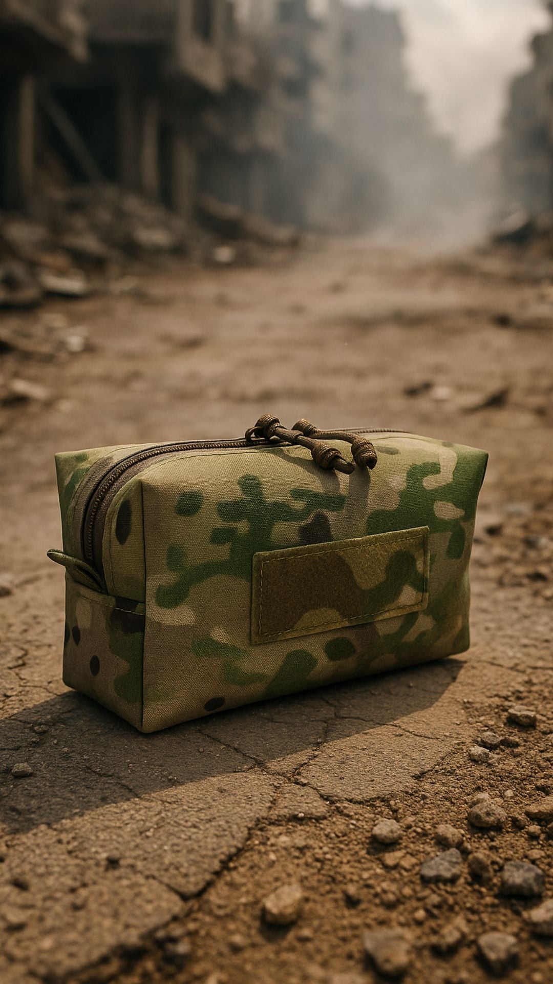 Outdoor setting with Tactical Dopp Kit on rough terrain, emphasizing its rugged durability for adventures.