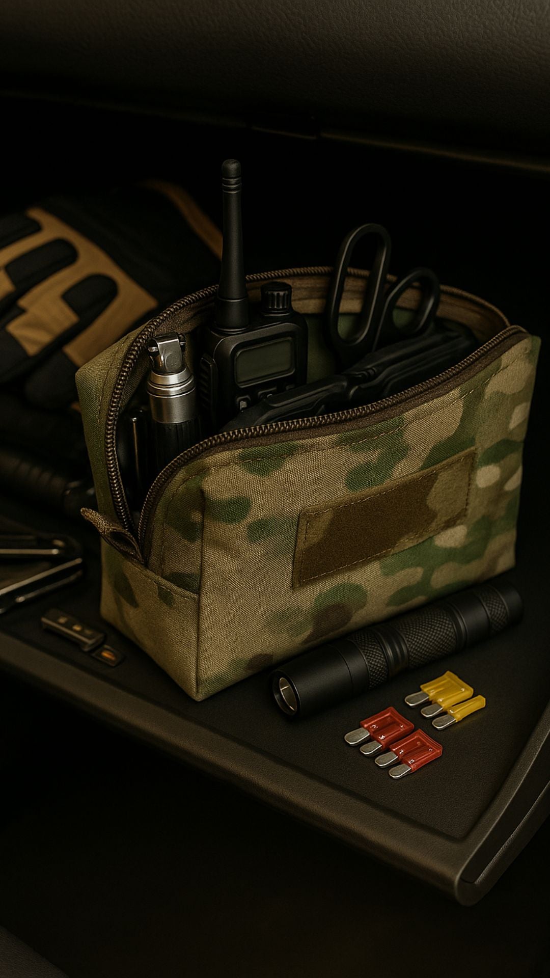 Promotional image for Tactical Dopp Kit, showcasing diverse uses such as a vehicle EDC and survival kit.