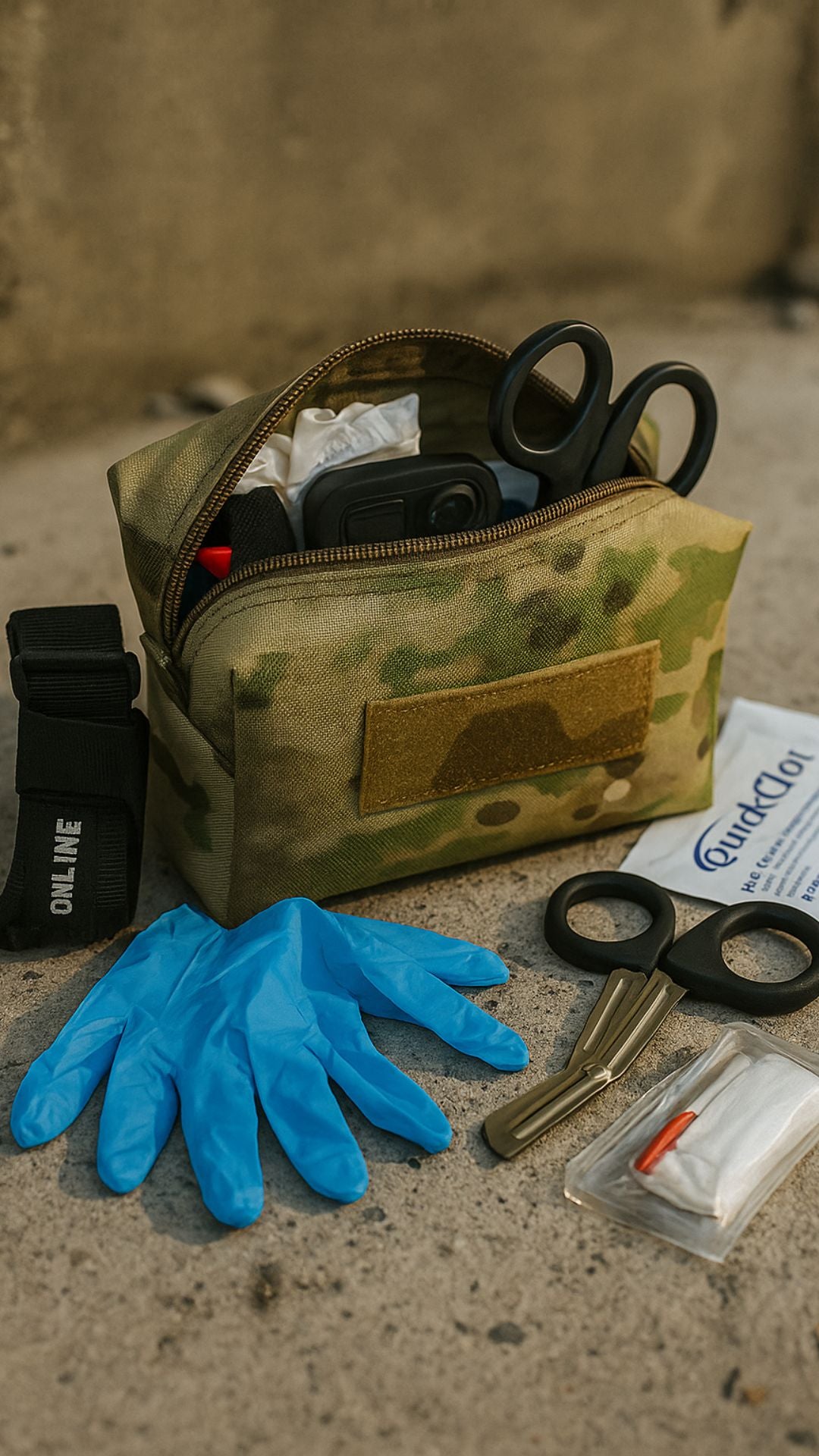 Tactical Dopp Kit opened with first aid supplies, demonstrating its function as a medical blowout kit.