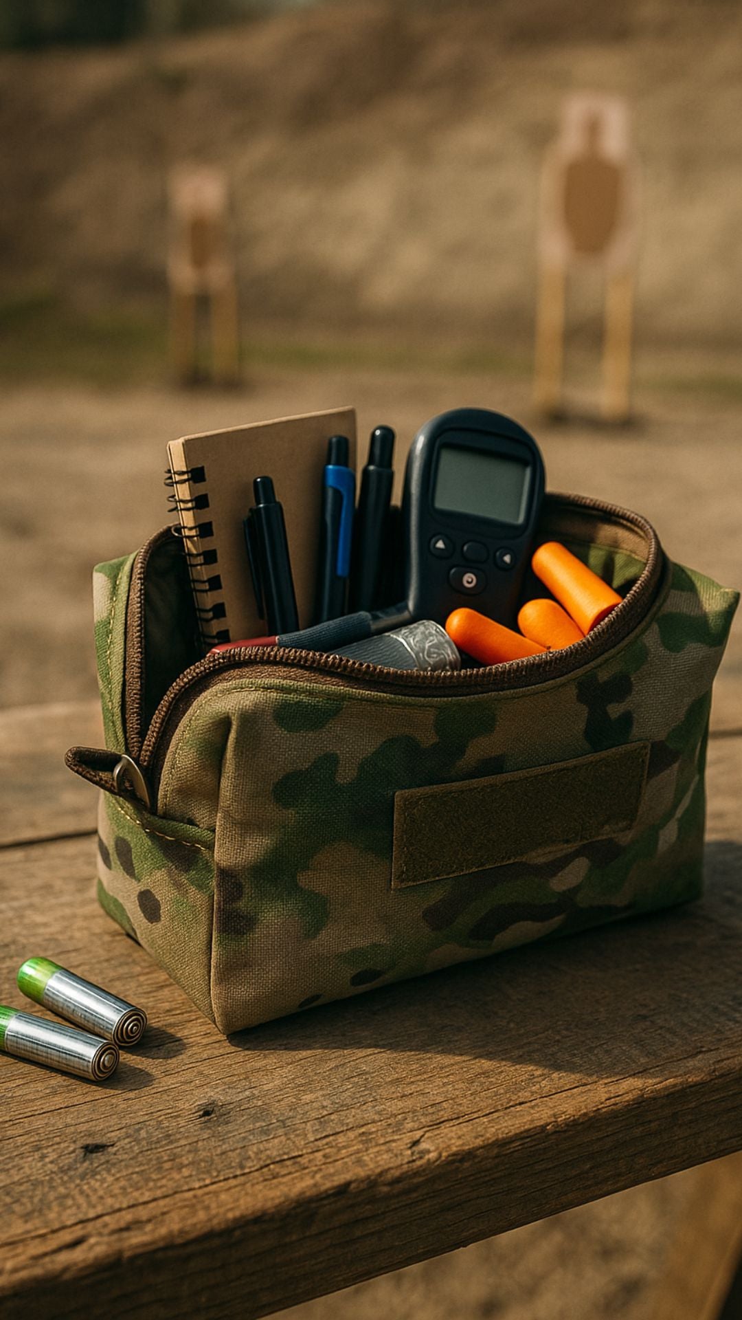 Tactical Dopp Kit on a table filled with pens and notes, ideal for range-day organization.