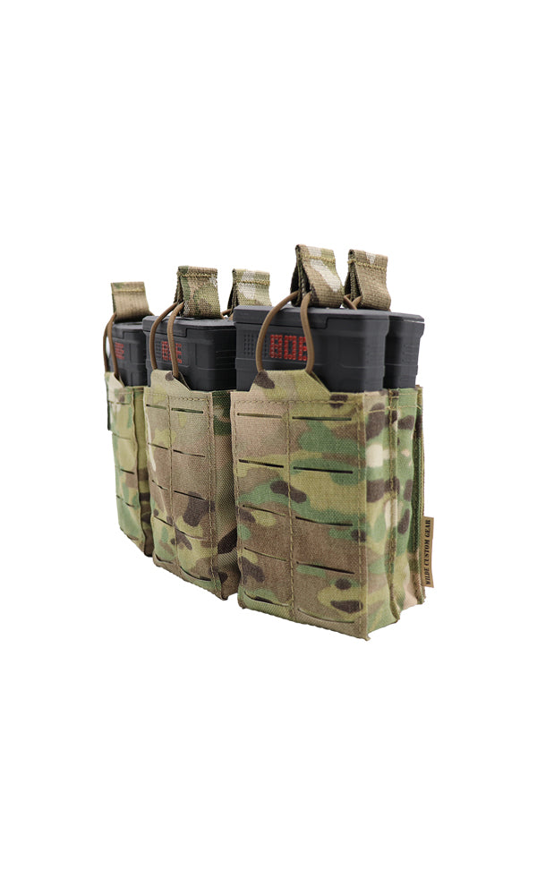 Wilde Custom Gear AR 10 | .308 | M1A | M14 | SCAR Magazine Pouch holding Six 20-round magazines in a double stack configuration, featuring a durable Multicam camouflage design and MOLLE compatibility for tactical versatility. Angle view.