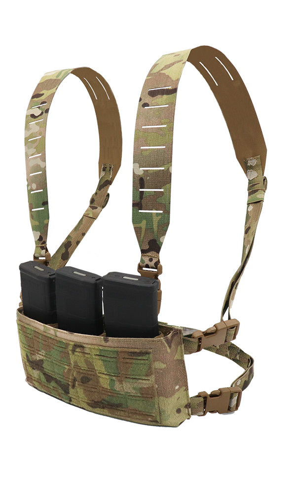 Side view of the Wilde Custom Gear Adaptive Chest Rig Multicam featuring adjustable inserts, showcasing its versatility and ergonomic design for tactical use.