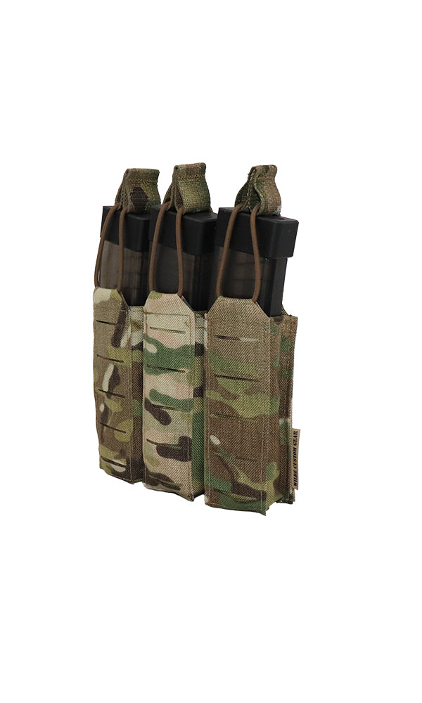 CZ Scorpion magazine pouch mounted on a tactical plate carrier in Multicam, holding 30-round CZ Scorpion EVO 3 magazines with dual shock cord retention and pull tabs. American-made SMG mag pouch constructed from 1000D Cordura with precision laser-cut MOLLE, designed for fast reloads, secure retention, and mission-ready performance on chest rigs, plate carriers, and battle belts for military, law enforcement, and prepared civilians. Wilde Custom Gear