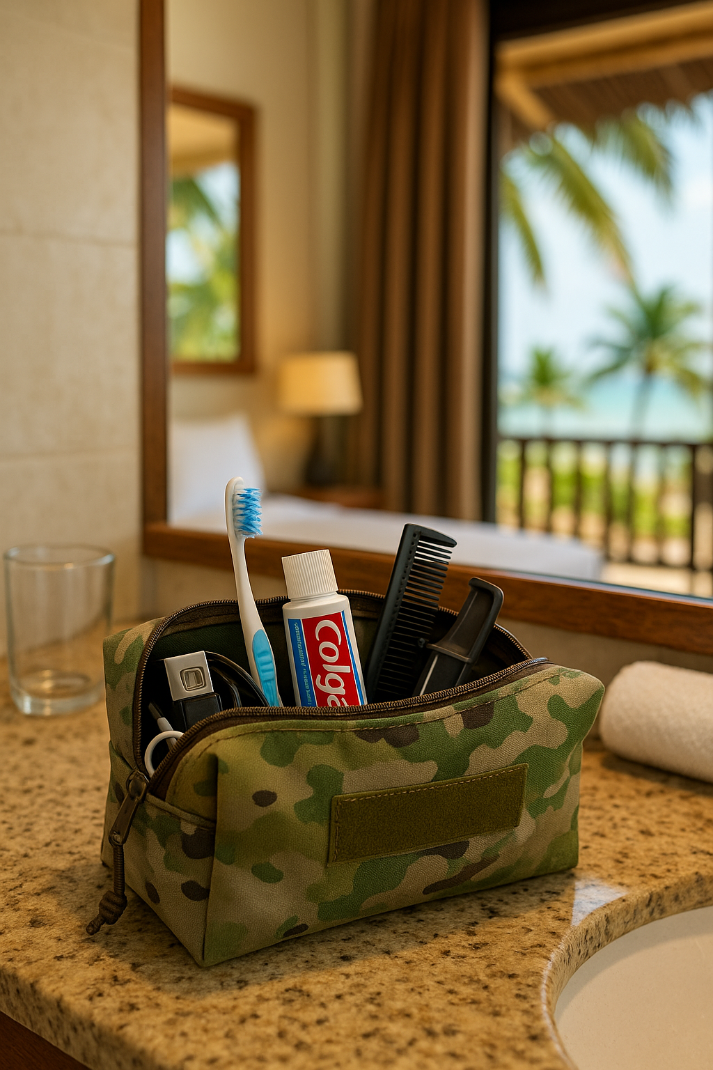 Tactical Dopp Kit showing its use as a men's toiletry bag filled with a razor, toothbrush and comb on a hotel bathroom counter on a tropical vacation.