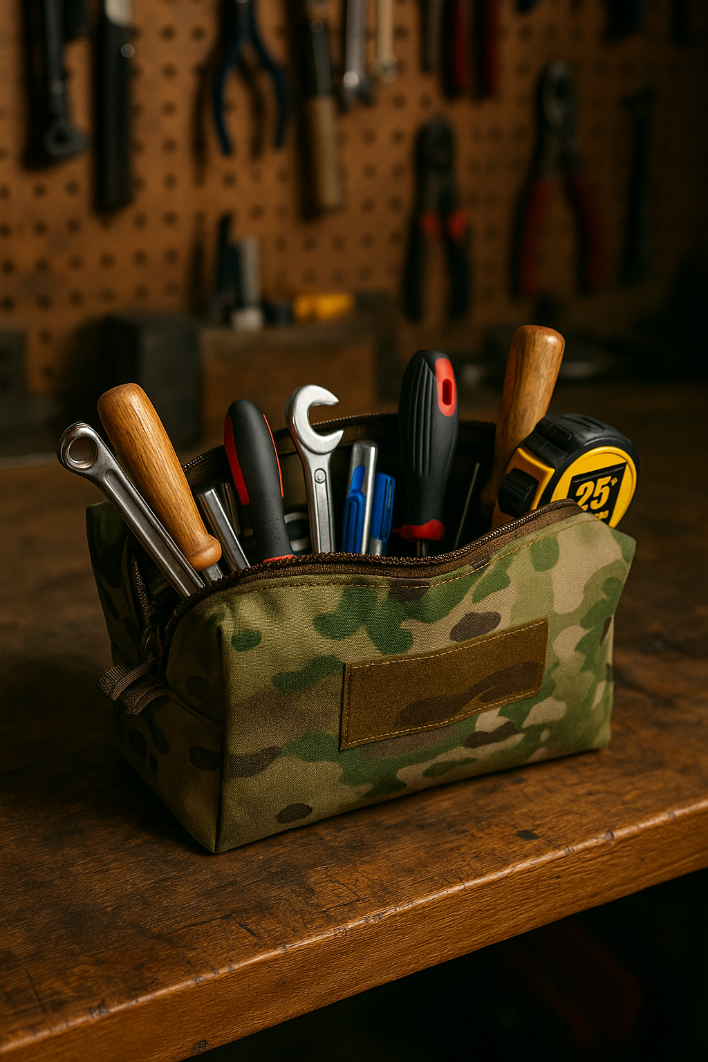 Tactical Dopp Kit filled with various tools, including wrenches and screwdrivers, showcasing its versatility as a travel pouch and organizer.