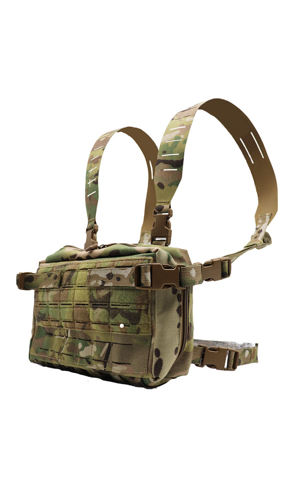 Wilde Custom Gear Goliath Large Admin Pouch in chest rig configuration, emphasizing multiple use cases.