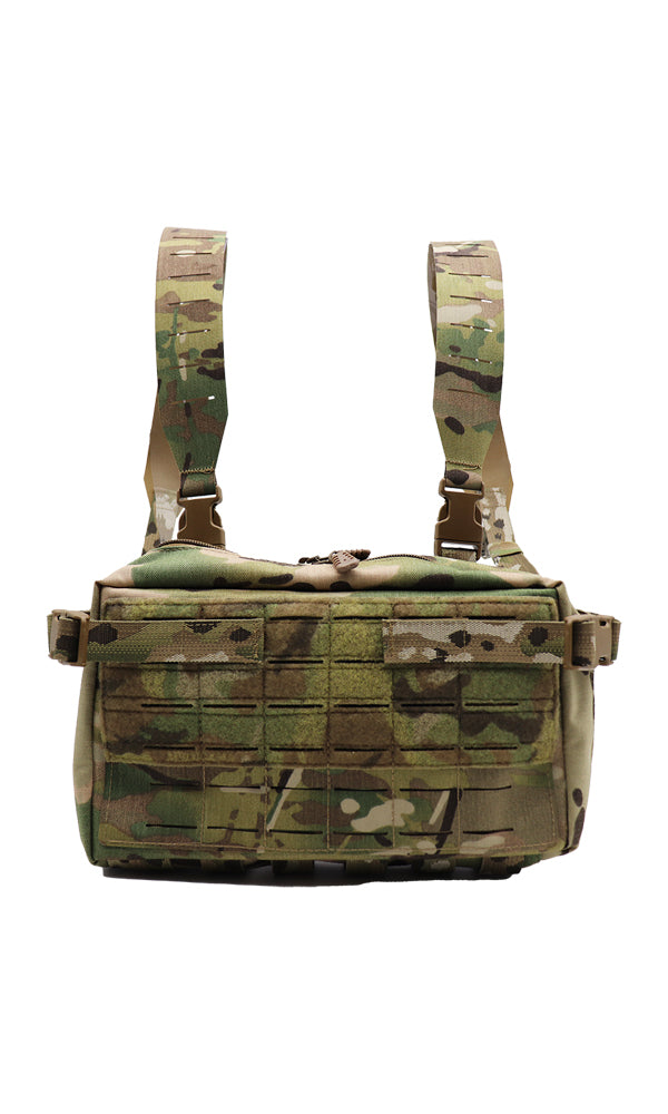 Wilde Custom Gear Goliath Large Admin Pouch show as chest rig with Squadron Laminate Shoulder straps, showcasing its versatility in tactical setups.
