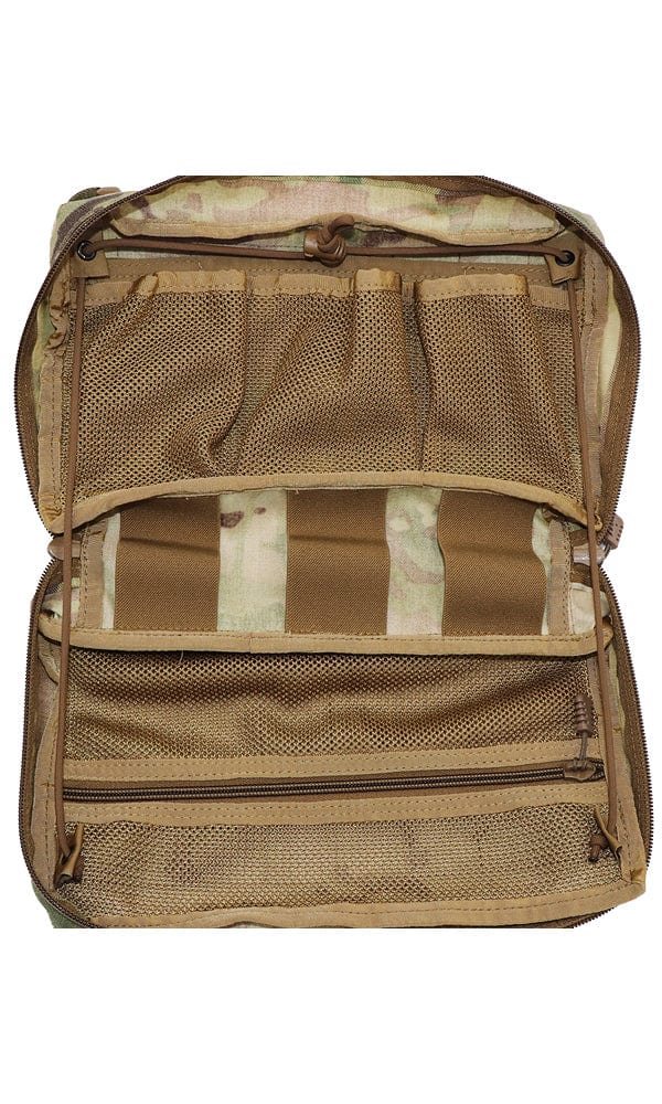 Open view of the internal layout of the Wilde Custom Gear Goliath Large Admin Pouch, ideal for tactical organization showing mesh zipper pockets.