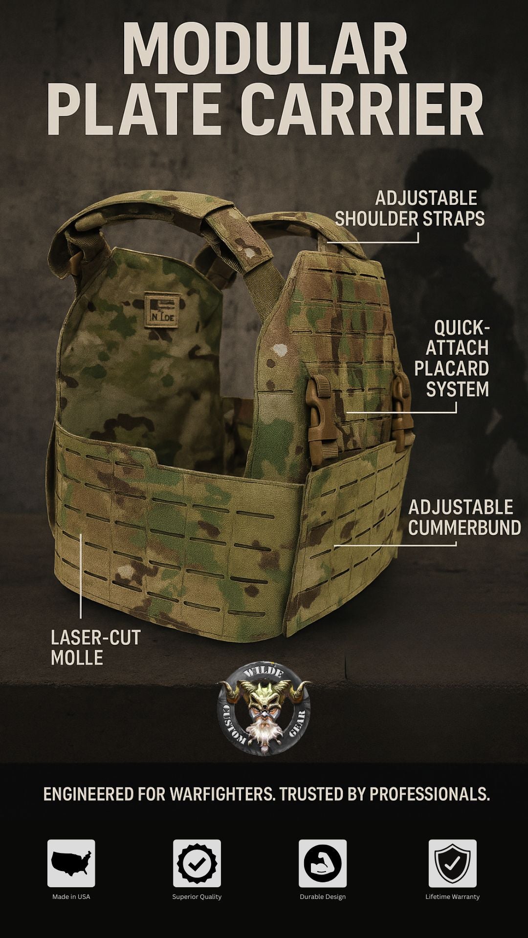 Promotional image for the Modular Plate Carrier highlighting its key features like adjustable shoulder straps and quick-attach placard system, ideal for tactical readiness.