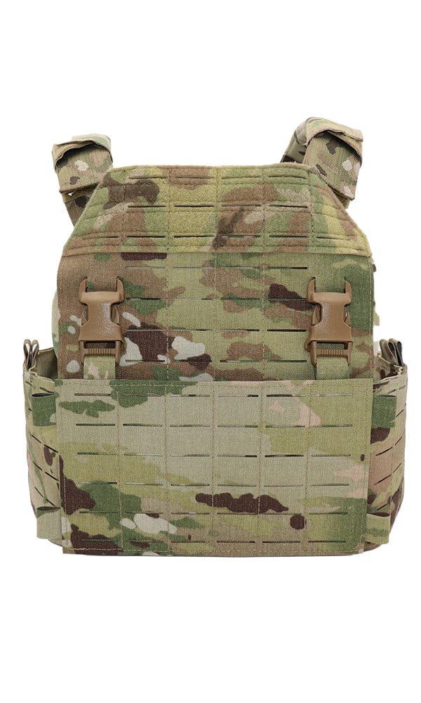 Front view of the Modular Plate Carrier illustrating the integrated laser cut MOLLE rows and quick swap MOLLE placard for customizable attachments. Perfect for tactical operations.