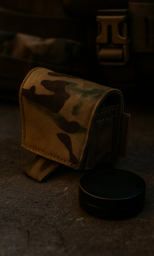 Nicotine Pouch Canister MOLLE Pouch Multicam Wilde Custom Gear Angle with Nicotine Container ALP Zyn VELO