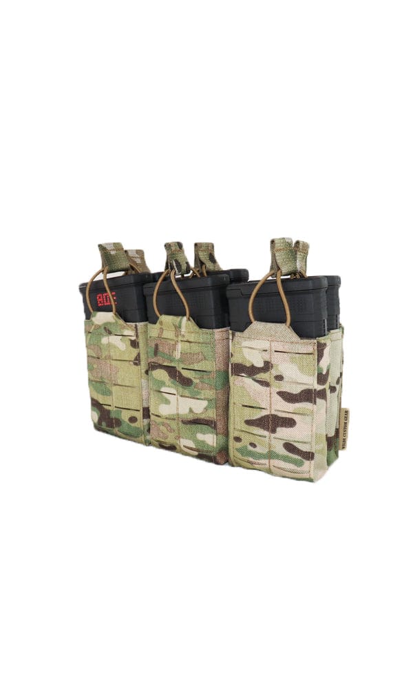 Wilde Custom Gear AR 10 | .308 | M1A | M14 | SCAR Magazine Pouch holding three 20-round magazines, featuring a durable Multicam camouflage design and MOLLE compatibility for tactical versatility.