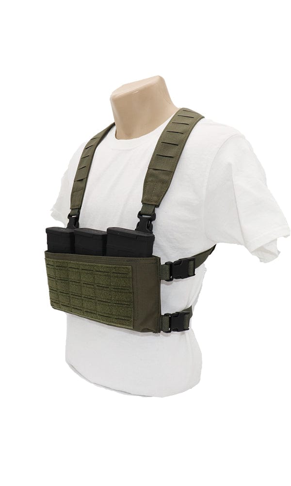 Wilde Custom Gear Adaptive Chest Rig displayed on a mannequin with adjustable inserts, demonstrating its fit and functionality for tactical operations.