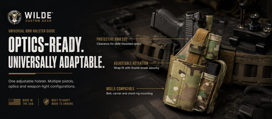 Wilde Custom Gear universal pistol holster with RMR optic cut carrying a full-size handgun with a red-dot sight and weapon light on a MOLLE tactical belt.