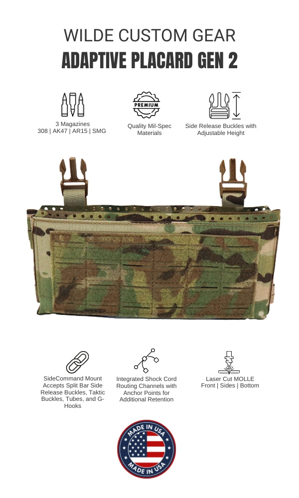 Wilde Custom Gear Adaptive Placard Gen 2 | AR15, AK47, .308, SMG Plate Carrier Placard with Laser-Cut MOLLE, Split Bar Tubes Compatible, Multicam Features Diagram