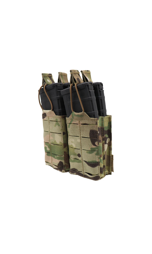 Wilde Custom Gear AR15 Magazine Pouch holding four 30-round magazines in a double stack configuration, featuring a durable Multicam camouflage design and MOLLE compatibility for tactical versatility. Angle view.
