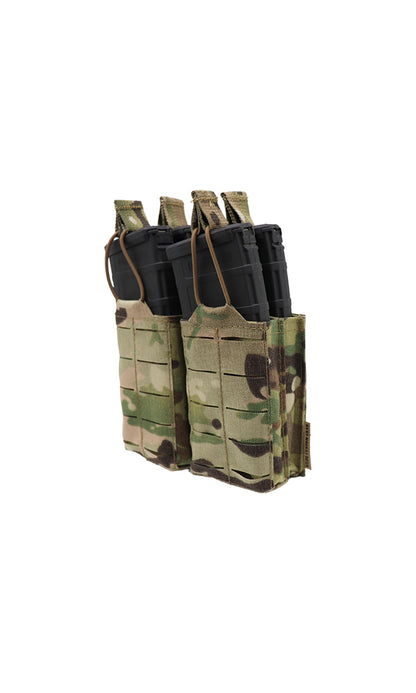 Wilde Custom Gear AR15 Magazine Pouch holding four 30-round magazines in a double stack configuration, featuring a durable Multicam camouflage design and MOLLE compatibility for tactical versatility. Angle view.
