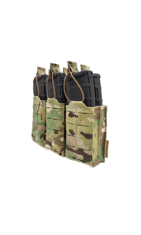 Wilde Custom Gear AR15 Magazine Pouch holding six 30-round magazines in a double stack configuration, featuring a durable Multicam camouflage design and MOLLE compatibility for tactical versatility. Angle view.