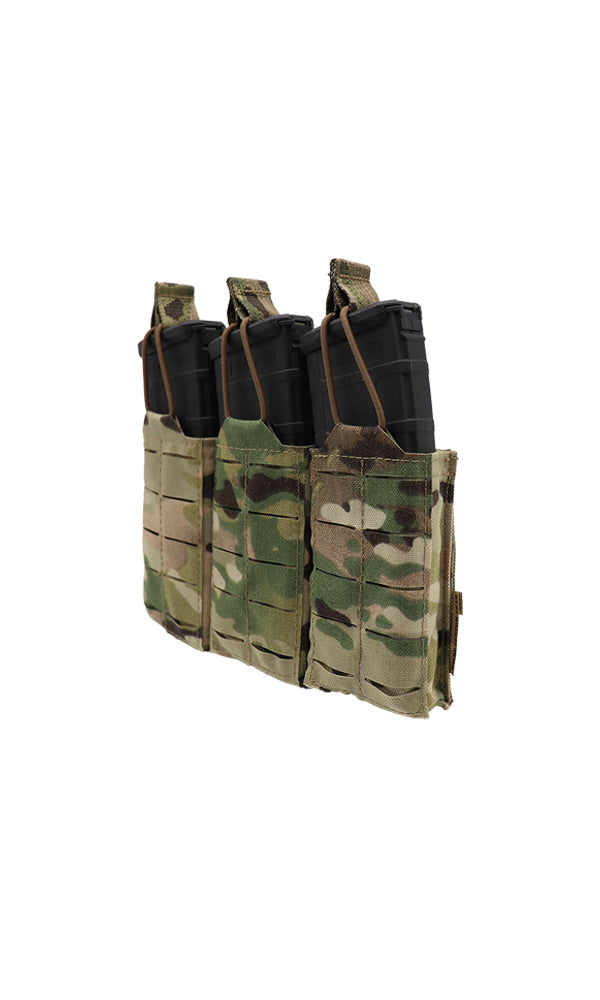 Wilde Custom Gear AR15 Magazine Pouch holding three 30-round magazines, featuring a durable Multicam camouflage design and MOLLE compatibility for tactical versatility. Angle view.
