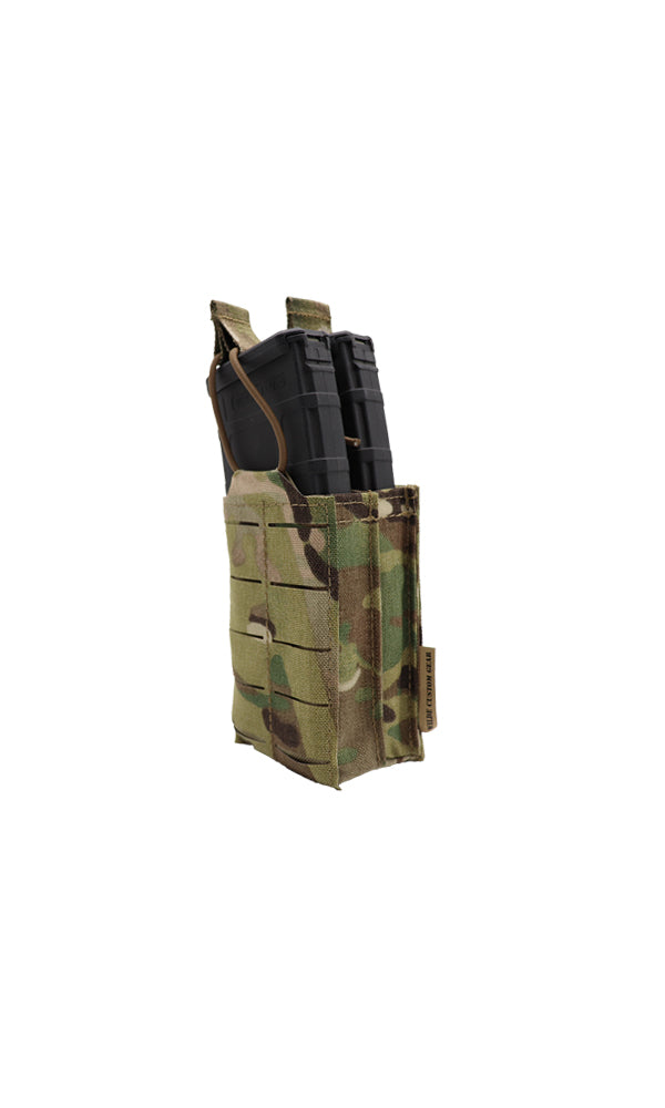 Wilde Custom Gear AR15 Magazine Pouch holding two 30-round magazines in a double stack configuration, featuring a durable Multicam camouflage design and MOLLE compatibility for tactical versatility. Angle view.

