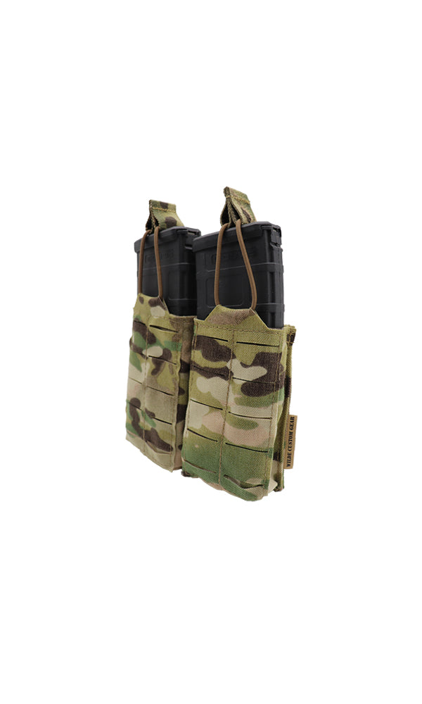 Wilde Custom Gear AR15 Magazine Pouch holding two 30-round magazines in a side by side configuration, featuring a durable Multicam camouflage design and MOLLE compatibility for tactical versatility. Angle view.
