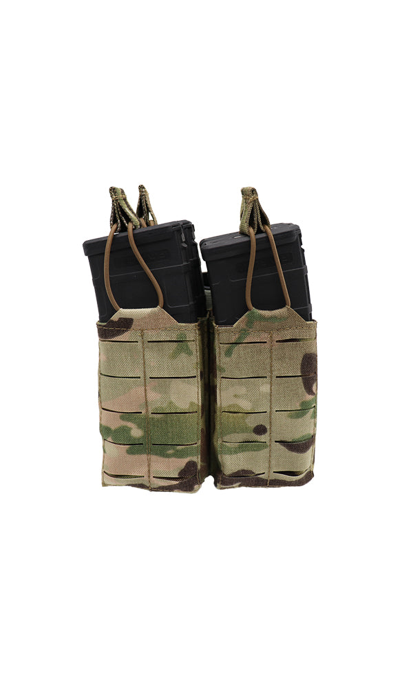 Wilde Custom Gear AR15 Magazine Pouch holding four 30-round magazines in a double stack configuration, featuring a durable Multicam camouflage design and MOLLE compatibility for tactical versatility. Front view.
