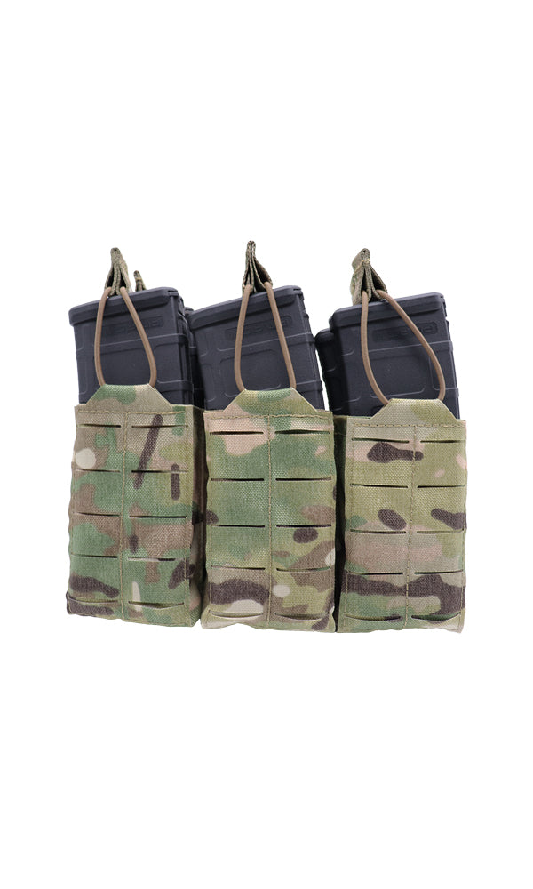 Wilde Custom Gear AR-15 Magazine Pouch holding six 30-round magazines in a double stack configuration, featuring a durable Multicam camouflage design and MOLLE compatibility for tactical versatility. Front view.