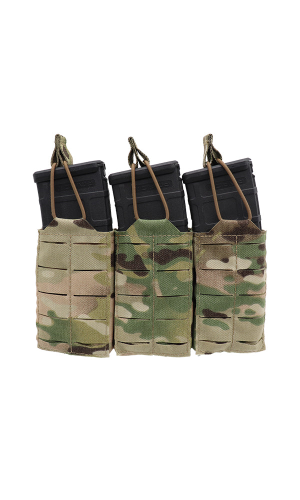 Wilde Custom Gear AR-15 Magazine Pouch holding three 30-round magazines, featuring a durable Multicam camouflage design and MOLLE compatibility for tactical versatility. Front view.
