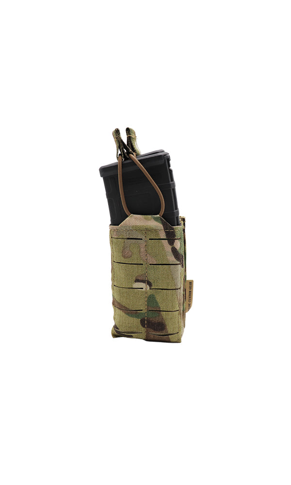 Wilde Custom Gear AR-15 Magazine Pouch holding two 30-round magazines in a double stack configuration, featuring a durable Multicam camouflage design and MOLLE compatibility for tactical versatility. Front view.

