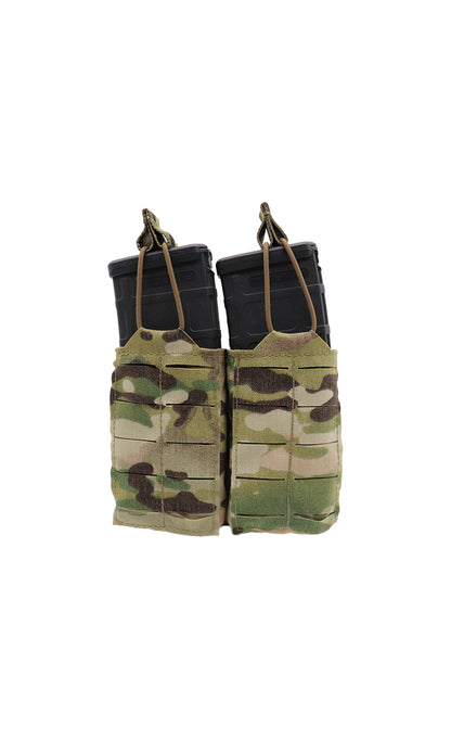 Wilde Custom Gear AR-15 Magazine Pouch holding two 30-round magazines in a side by side configuration, featuring a durable Multicam camouflage design and MOLLE compatibility for tactical versatility. Front view.
