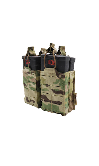 Wilde Custom Gear AR 10 | .308 | M1A | M14 | SCAR Magazine Pouch holding Four 20-round magazines in a double stack configuration, featuring a durable Multicam camouflage design and MOLLE compatibility for tactical versatility. Angle view.