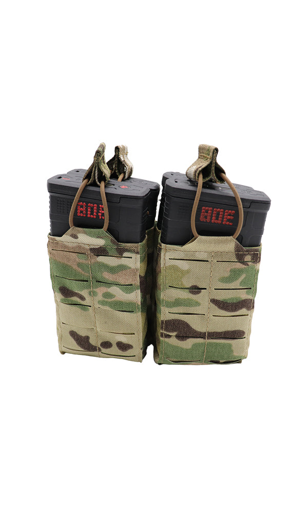 Wilde Custom Gear AR 10 | .308 | M1A | M14 | SCAR Magazine Pouch holding Four 20-round magazines in a double stack configuration, featuring a durable Multicam camouflage design and MOLLE compatibility for tactical versatility. Front view.