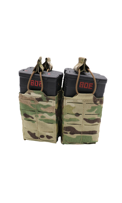 Wilde Custom Gear AR 10 | .308 | M1A | M14 | SCAR Magazine Pouch holding Four 20-round magazines in a double stack configuration, featuring a durable Multicam camouflage design and MOLLE compatibility for tactical versatility. Front view.