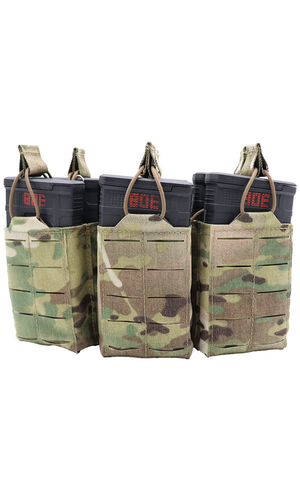 Wilde Custom Gear AR 10 | .308 | M1A | M14 | SCAR Magazine Pouch holding Six 20-round magazines in a double stack configuration, featuring a durable Multicam camouflage design and MOLLE compatibility for tactical versatility. Front view.