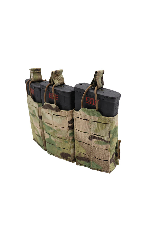 Wilde Custom Gear AR 10 | .308 | M1A | M14 | SCAR Magazine Pouch holding Three 20-round magazines in a side by side configuration, featuring a durable Multicam camouflage design and MOLLE compatibility for tactical versatility. Angle view.