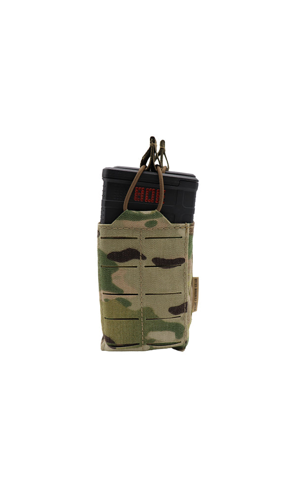 Wilde Custom Gear AR 10 | .308 | M1A | M14 | SCAR Magazine Pouch holding two 20-round magazines in a double stack configuring, featuring a durable Multicam camouflage design and MOLLE compatibility for tactical versatility. Front view.
