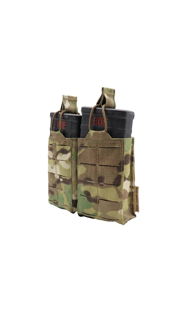 Wilde Custom Gear AR 10 | .308 | M1A | M14 | SCAR Magazine Pouch holding two 20-round magazines in a double stack configuring, featuring a durable Multicam camouflage design and MOLLE compatibility for tactical versatility. Angle view.