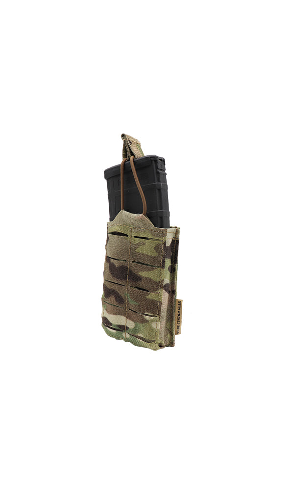 Wilde Custom Gear AR15 Magazine Pouch holding one 30-round magazine, featuring a durable Multicam camouflage design and MOLLE compatibility for tactical versatility. Angle view.