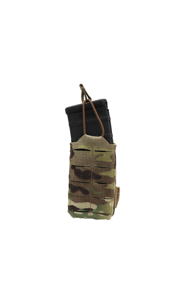 Wilde Custom Gear AR-15 Magazine Pouch holding one 30-round magazine, featuring a durable Multicam camouflage design and MOLLE compatibility for tactical versatility. Front view.
