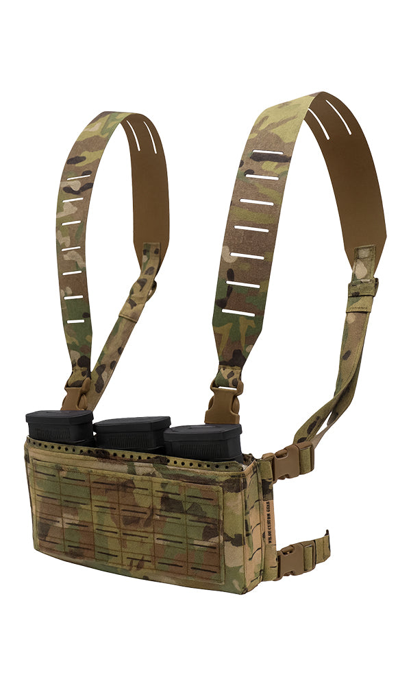 Wilde Custom Gear Adaptive Chest Rig Gen 2 tactical chest rig in Multicam with adjustable inserts for AR15, AK47, 308, CZ Scorpion, SMG, laser-cut MOLLE, and multi-platform magazine compatibility, 100% USA made.   Angle View