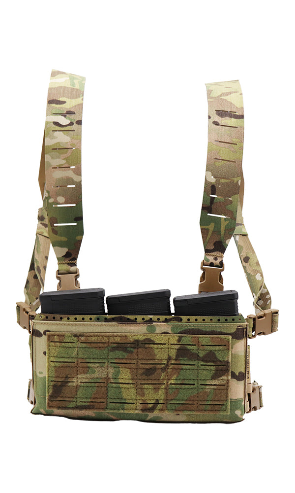 Wilde Custom Gear Adaptive Chest Rig Gen 2 tactical chest rig in Multicam with adjustable inserts for AR15, AK47, 308, CZ Scorpion, SMG, laser-cut MOLLE, and multi-platform magazine compatibility, 100% USA made.   Front View