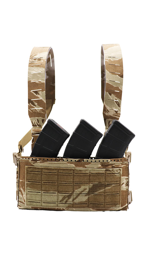 Adaptive Chest Rig 3 AR15 AK47 308 SMG Magazine Adjustable Chest Rig with Custom Inserts Desert Tiger Stripe Camo Front Wilde Custom Gear