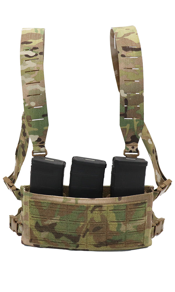 Wilde Custom Gear Adaptive Chest Rig Multicam with adjustable inserts, displaying a tactical design that accommodates multiple magazines including AR15, AK47 and 308.
