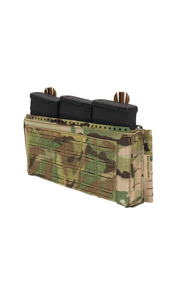 Wilde Custom Gear Adaptive Placard Gen 2 | AR15, AK47, .308, SMG Plate Carrier Placard with Laser-Cut MOLLE, Split Bar Tubes Compatible, Multicam, Angle View