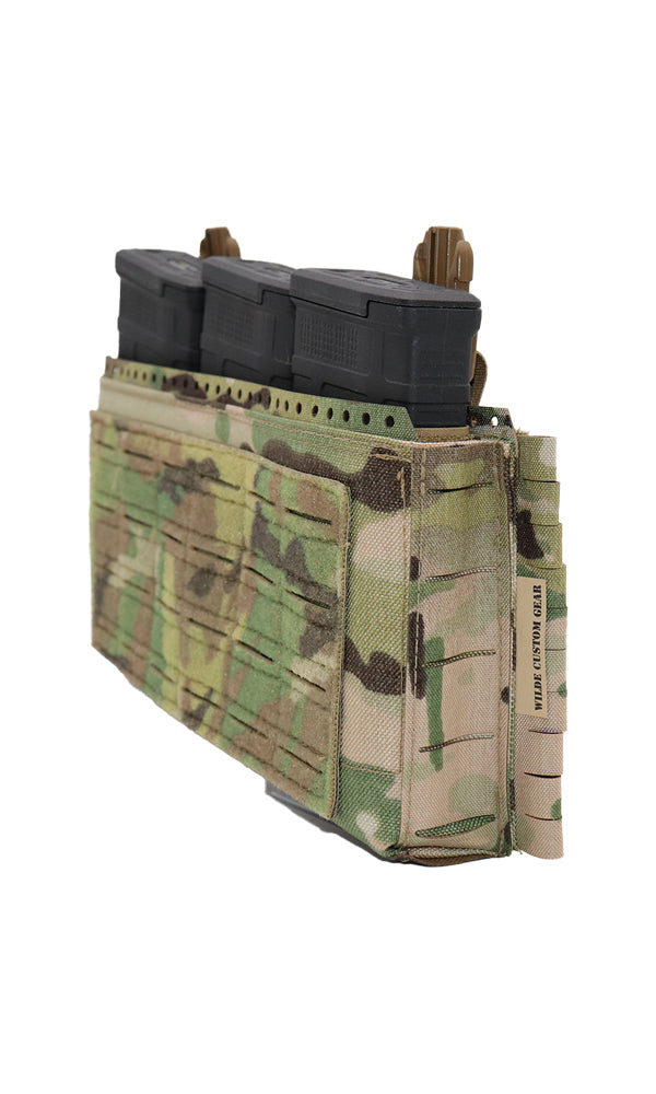 Wilde Custom Gear Adaptive Placard Gen 2 | AR15, AK47, .308, SMG Plate Carrier Placard with Laser-Cut MOLLE, Split Bar Tubes Compatible, Multicam Side Close Up