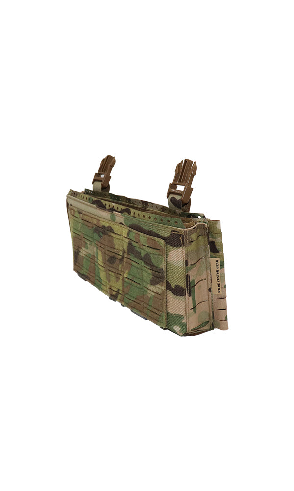 Wilde Custom Gear Adaptive Placard Gen 2 | AR15, AK47, .308, SMG Plate Carrier Placard with Laser-Cut MOLLE, Split Bar Tubes Compatible, Front and rear shock-cord channels with evenly spaced holes allow customizable retention placement, Multicam, Angle View