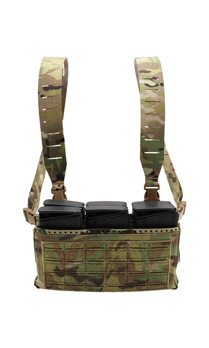 Wilde Custom Gear Adaptive Chest Rig Gen 2 tactical chest rig in Multicam with adjustable inserts for six magazines.  AR15, AK47, 308, CZ Scorpion, SMG, laser-cut MOLLE, and multi-platform magazine compatibility, 100% USA made.   Front View
