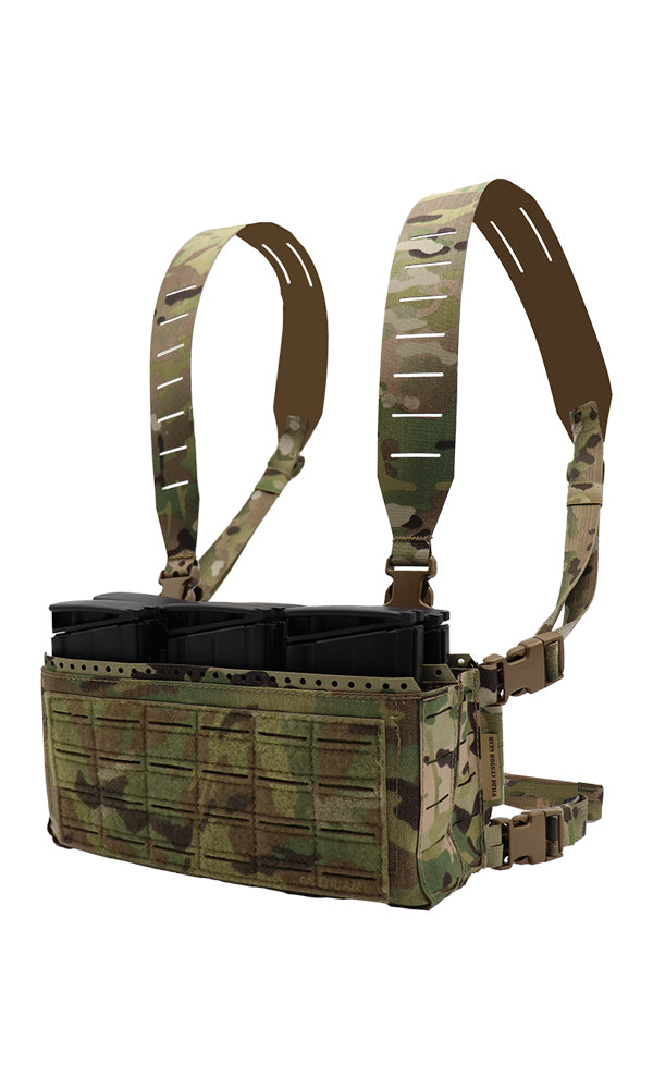 Wilde Custom Gear Adaptive Chest Rig Gen 2 tactical chest rig in Multicam with adjustable inserts for six magazines. AR15, AK47, 308, CZ Scorpion, SMG, laser-cut MOLLE, and multi-platform magazine compatibility, Split bar tubes, 100% USA made.   Angle View