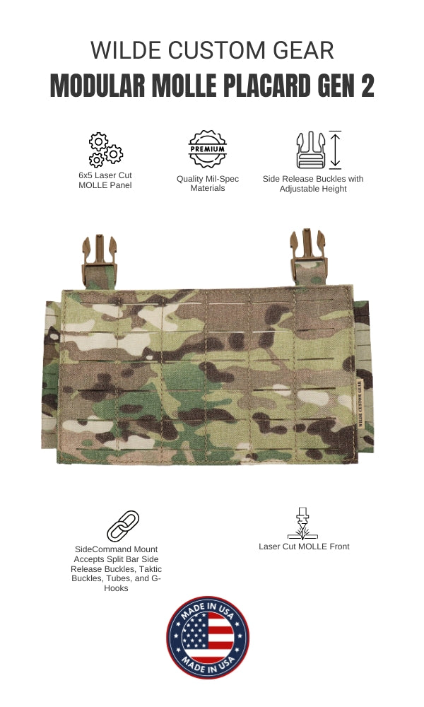 Wilde Custom Gear Modular MOLLE Placard – 6x5 laser cut MOLLE panel. Build any loadout, fast-attach to plate carriers or convert to chest rig.  Split Bar Buckle Options.  Adjustable Height. Flyer.