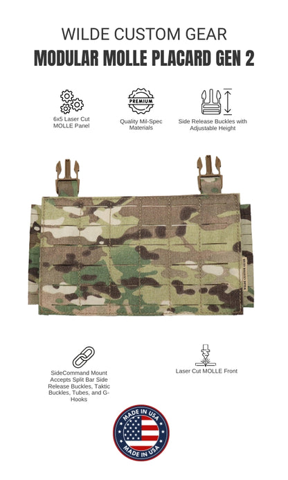 Wilde Custom Gear Modular MOLLE Placard – 6x5 laser cut MOLLE panel. Build any loadout, fast-attach to plate carriers or convert to chest rig.  Split Bar Buckle Options.  Adjustable Height. Flyer.